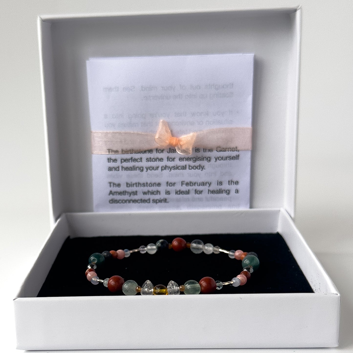 Aquarius Birthstone Healing Crystal bracelet for Confidence and Self-esteem in box with product info sheet