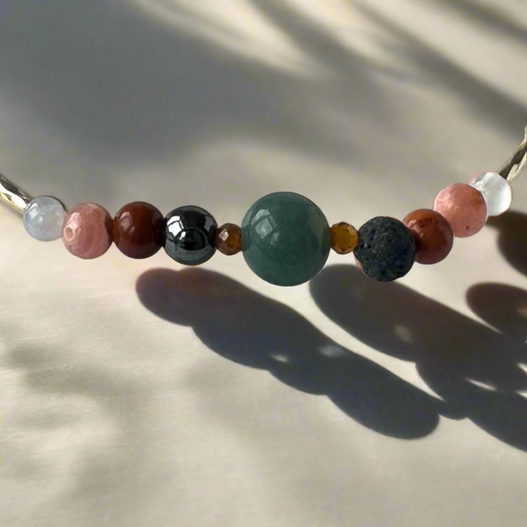 Aquarius Birthstone Healing Crystal bracelet for Confidence and Self-esteem showing Garnet, Jasper, Fluorite, Blue Lace Agate, Rhodochrosite, Hematite & Amber