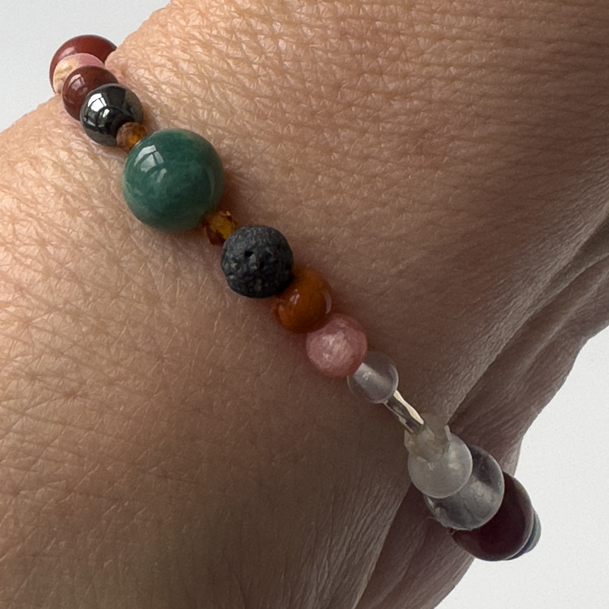 Aquarius Birthstone Healing Crystal bracelet for Confidence and Self-esteem showing Garnet, Jasper, Fluorite, Rhodochrosite, Hematite and lava Stone