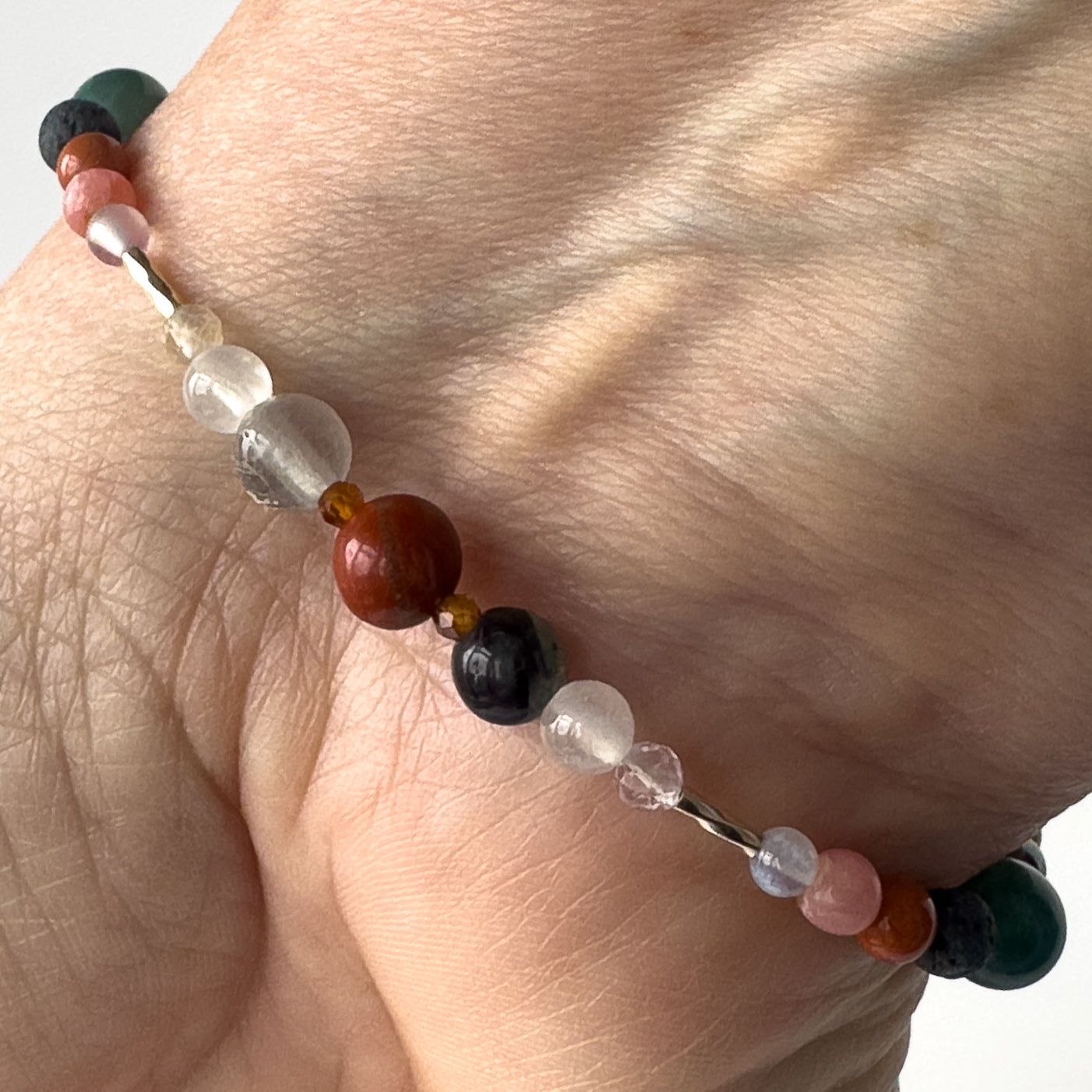 Aquarius Birthstone Healing Crystal bracelet for Confidence and Self-esteem showing Garnet, Jasper, Fluorite and Selenite