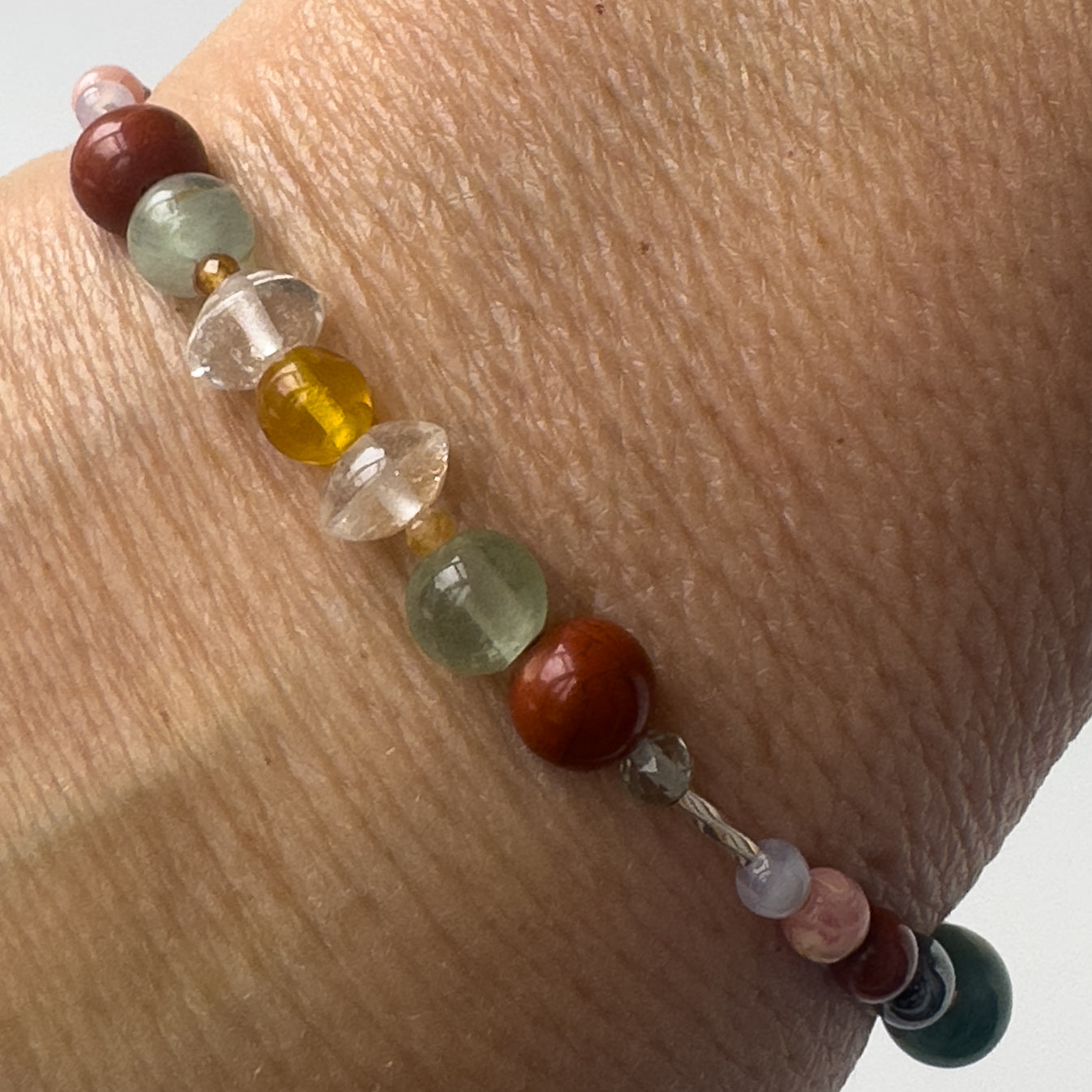 Aquarius Birthstone Healing Crystal bracelet for Confidence and Self-esteem Close-up of Jasper, Fluorite, Blue Lace Agate and Amber