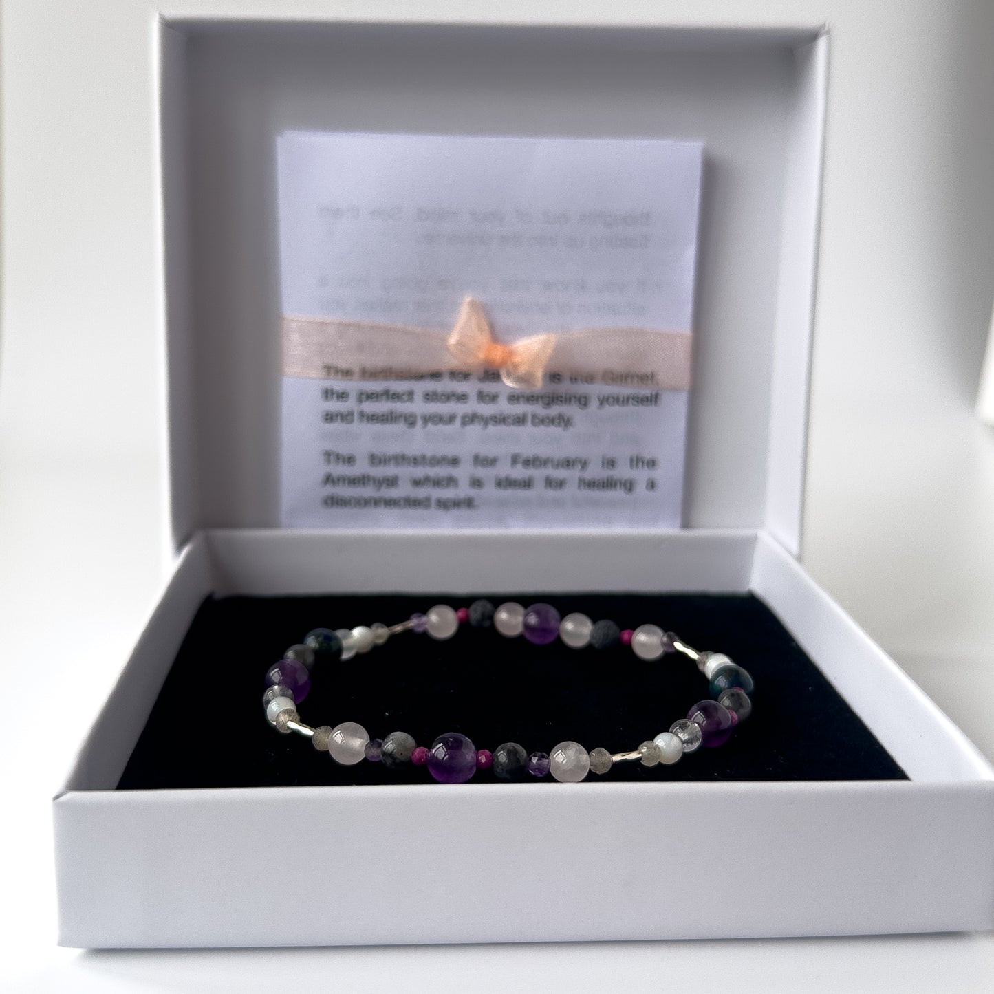 Aquarius Birthstone Healing Crystal bracelet for Grief & Loss support in box