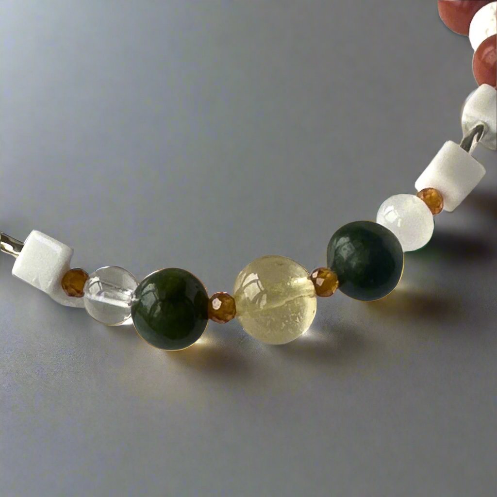 Aries Birthstone Healing Crystal bracelet for Love and Compassion showing Citrine, Garnet, Howlite, Jade, Selenite and Clear Quartz