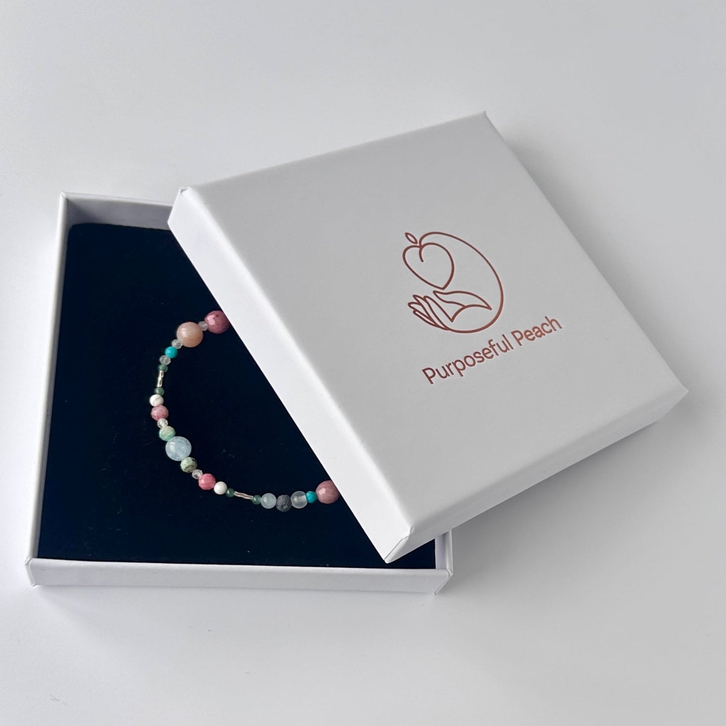 Cancer Healing Crystal bracelet for Anxiety in Purposeful Peach branded box
