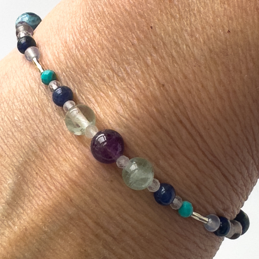 Capricorn Healing Crystal bracelet for Anxiety on wrist showing Turquoise, Blue Lace Agate, Amethyst, Lapis Lazuli, Fluorite, and Clear Quartz