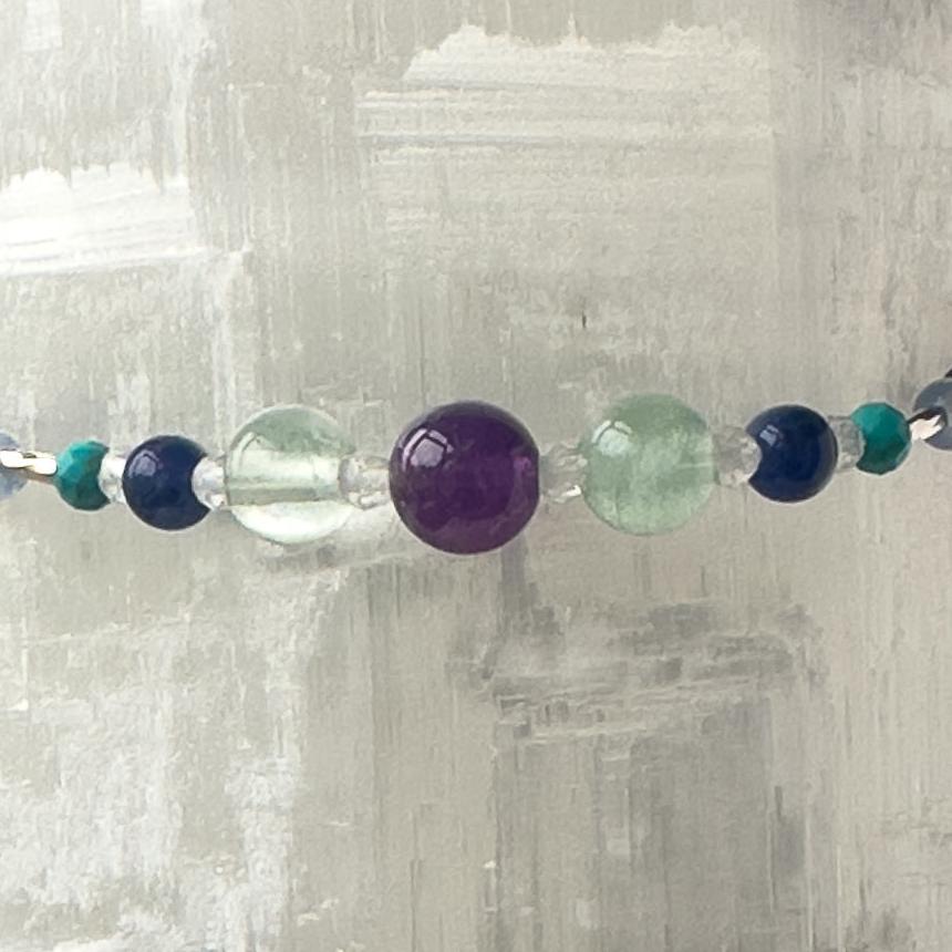 Capricorn Birthstone Healing Crystal bracelet for Calm & Anxiety Relief showing Turquoise, Blue Lace Agate, Amethyst, Fluorite and Sodalite