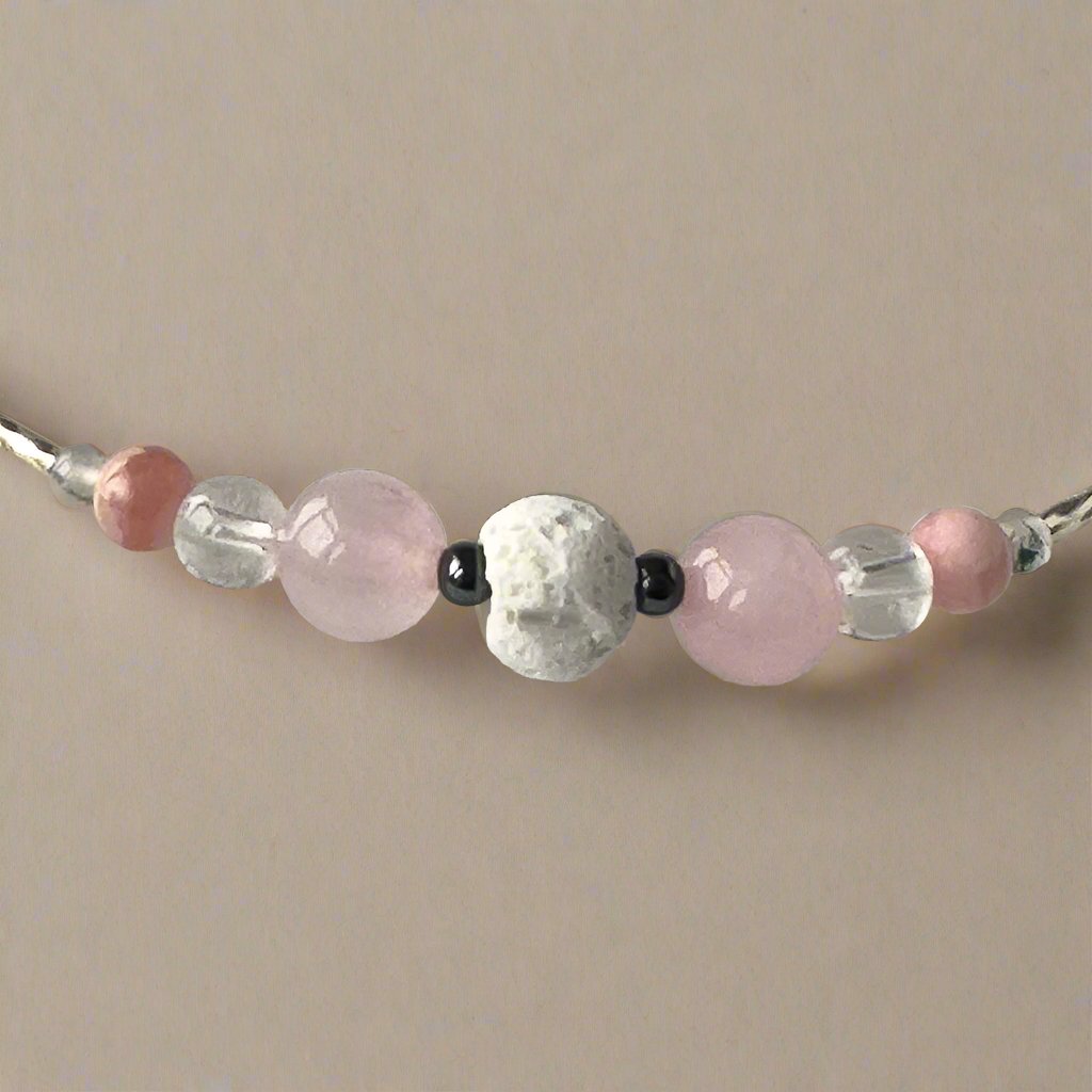 Close-up of Aquarius Birthstone Healing Crystal bracelet for Love and Compassion showing Rose Quartz, Hematite, Moss Agate, Rhodochrosite, Lava Stone and Clear Quartz