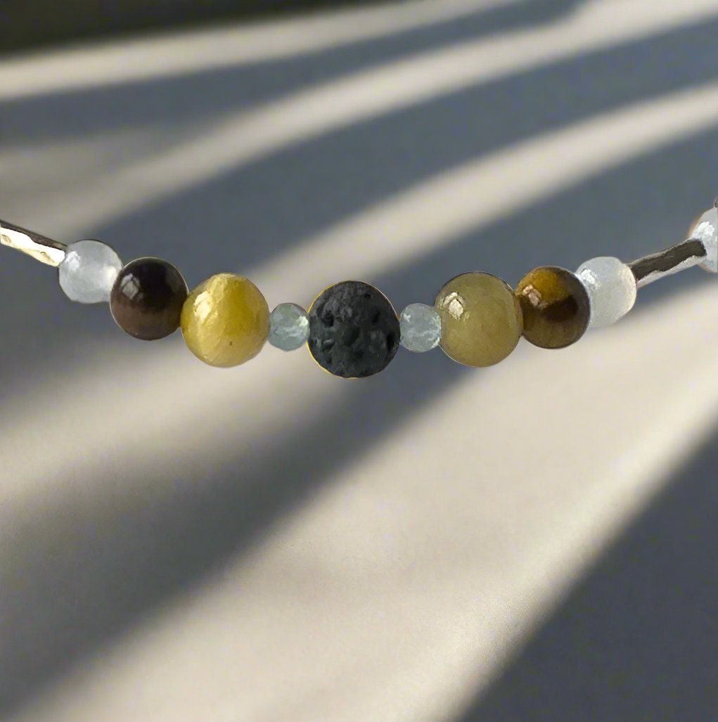 Gemini Birthstone Healing Crystal bracelet for Confidence Showing Tiger’s Eye, Yellow Tiger’s Eye, Blue Lace Agate, Topaz and Lava Stone