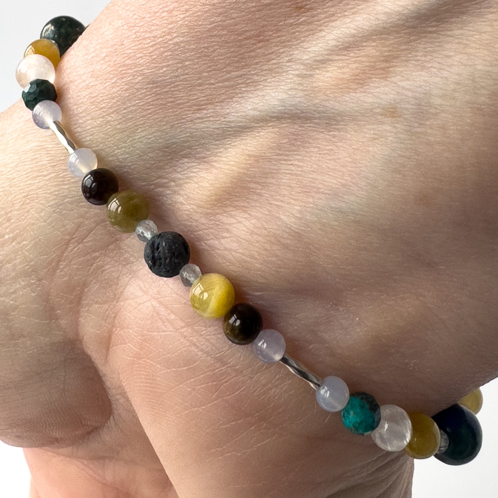 Gemini Birthstone Healing Crystal bracelet for Confidence and Self-esteem Showing Tiger’s Eye, Yellow Tiger’s Eye, Blue Lace Agate, Tourmaline, Citrine and Lava Stone on a wrist