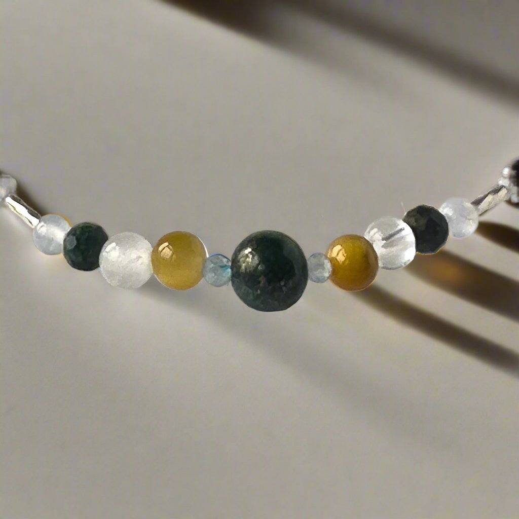 Gemini Birthstone Healing Crystal bracelet for Confidence Showing Yellow Tiger’s Eye, Blue Lace Agate, Chrysocolla, Topaz, Selenite and Clear Quartz