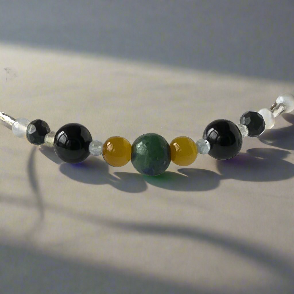 Gemini Birthstone Healing Crystal bracelet for Confidence and Self-esteem Showing Yellow Tiger’s Eye, Blue Lace Agate, Tourmaline, Chrysocolla and Topaz