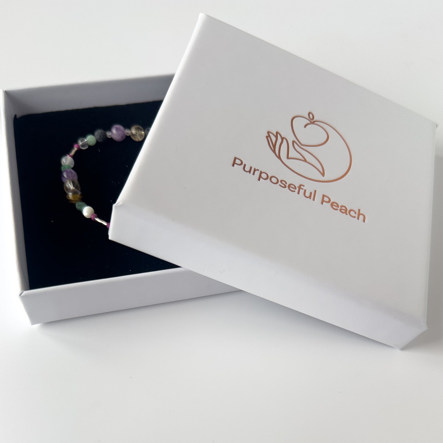 Gemini Healing Crystal bracelet for Grief & Loss in branded Purposeful Peach box
