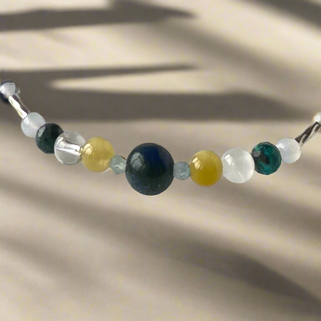 Gemini Birthstone Healing Crystal bracelet for Confidence and Self-esteem Showing Yellow Tiger’s Eye, Blue Lace Agate, Chrysocolla, Topaz, Selenite and Clear Quartz