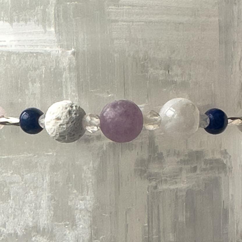 Libra Healing Crystal bracelet for Anxiety showing Lapis Lazuli, Lepidolite, Moonstone and Lava Stone