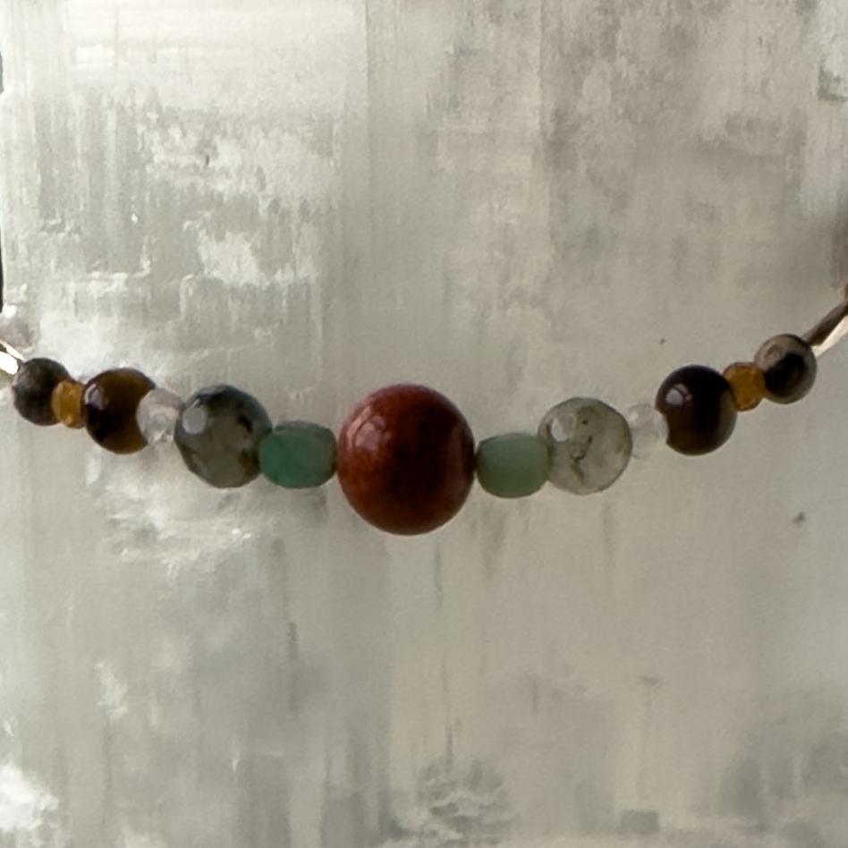 Leo Birthstone Healing Crystal bracelet for Calm & Stress relief showing Yellow Tiger’s Eye, Jasper, Garnet, Bloodstone, Emerald and Clear Quartz