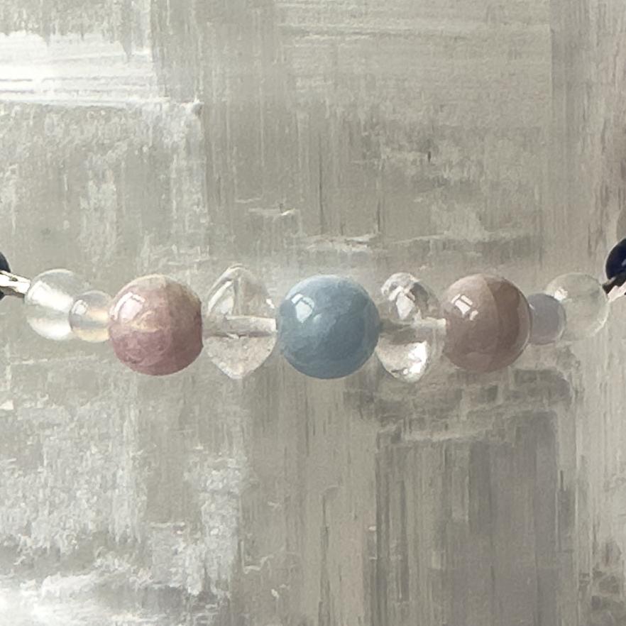 Libra Birthstone Healing Crystal bracelet for Calm & Anxiety Relief showing Aquamarine, Blue Lace Agate, Kunzite, Selenite and Clear Quartz