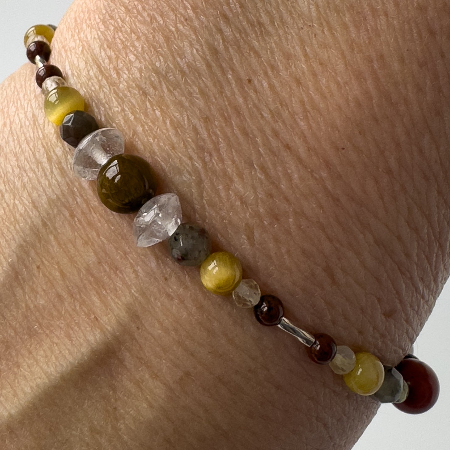 Libra Healing Crystal bracelet for Confidence on wrist showing Peridot, Bloodstone, Tiger’s Eye, Yellow Tiger’s Eye, Citrine, Mahogany Obsidian and Jasper