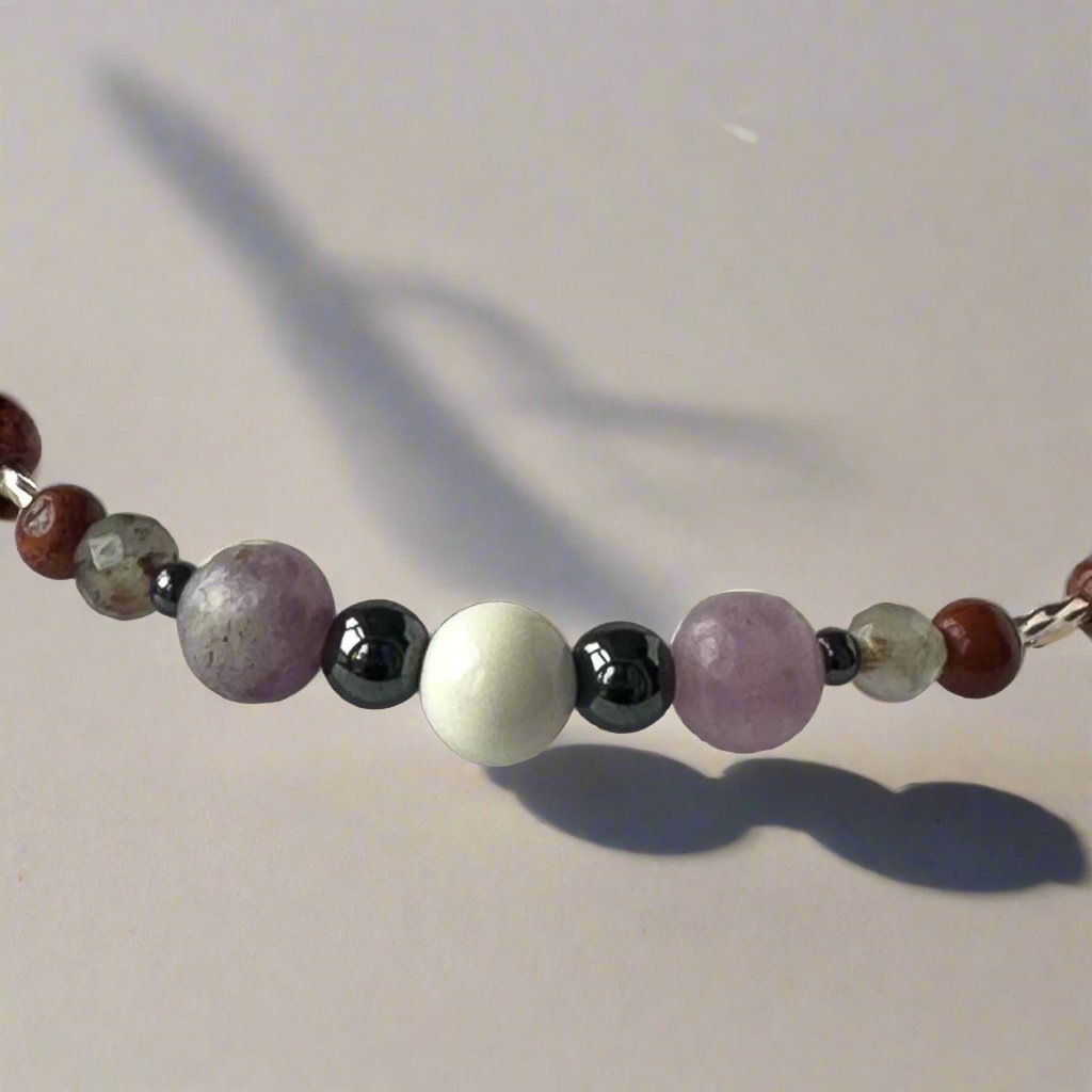Pisces Birthstone Healing Crystal bracelet for Confidence and Self-esteem showing Lepidolite, Hematite, Bloodstone, Jasper and Magnesite