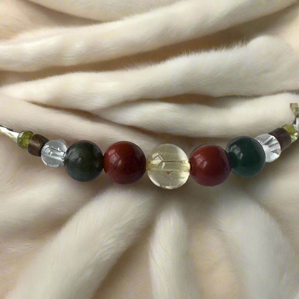 Pisces Birthstone Healing Crystal bracelet for Love and Compassion showing Citrine, Peridot, Jade, Red Jasper, Tiger’s Eye and Clear Quartz