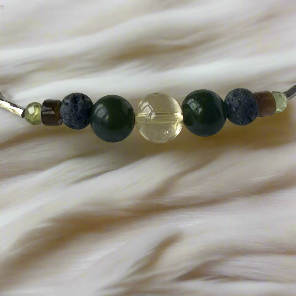Pisces Birthstone Healing Crystal bracelet for Love and Compassion showing Citrine, Peridot, Jade, Tiger’s Eye and Lava Stone