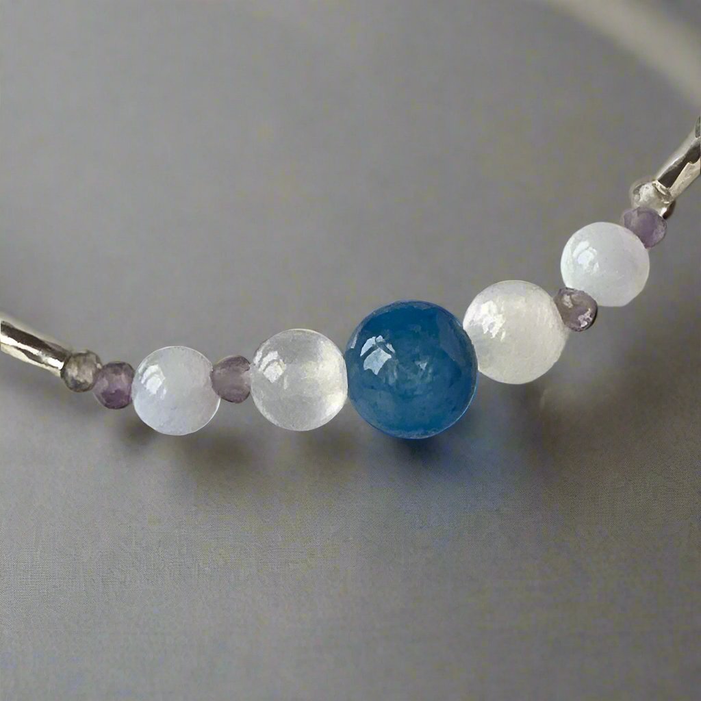 Pisces Birthstone Healing Crystal bracelet for Calm & Stress showing Amethyst, Blue Lace Agate, Smoky Quartz, Kyanite and Selenite