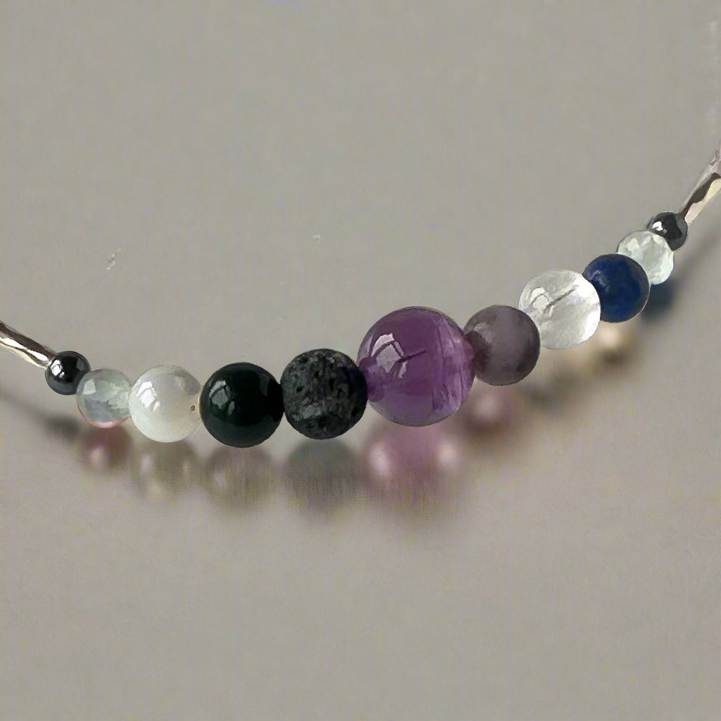 Pisces Birthstone Healing Crystal bracelet for Calm & Stress showing Amethyst, Hematite, Blue Lace Agate, Smoky Quartz, Bloodstone, Moonstone, Clear Quartz and Lava Stone