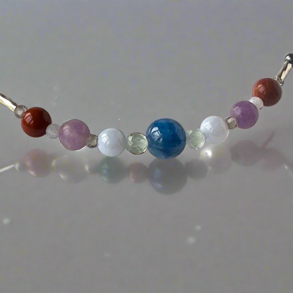 Pisces Birthstone Healing Crystal bracelet for Calm & Stress showing Lepidolite, Jasper, Moonstone and Kyanite