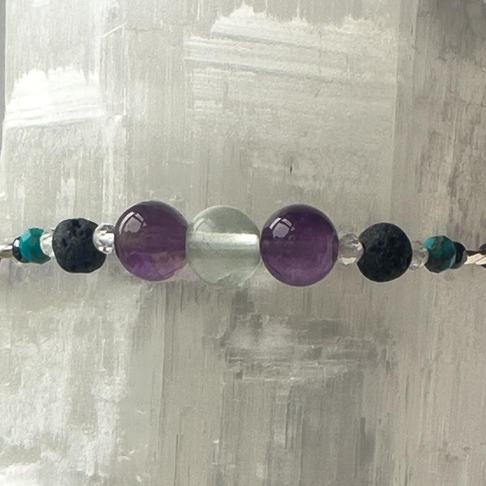 Pisces Birthstone Healing Crystal bracelet for Determination & Willpower showing Amethyst, Hematite, Turquoise, Rainbow Fluorite, Clear Quartz and Lava Stone