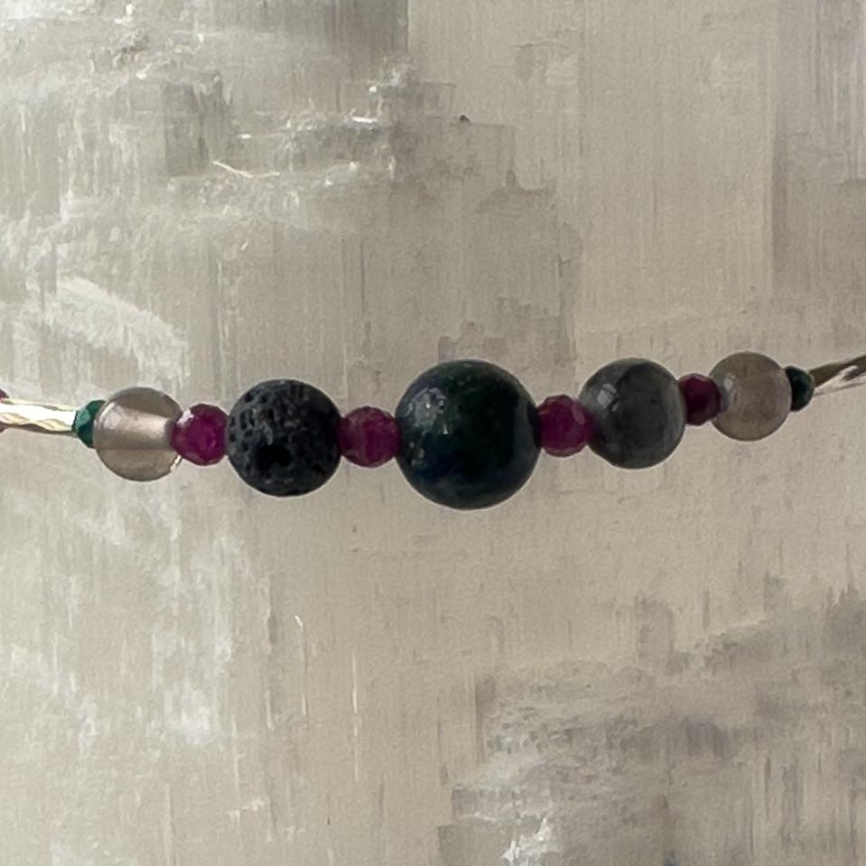 Sagittarius Birthstone Healing Crystal bracelet for Grief & Loss support showing Azurite, Labradorite, Smoky Quartz, Sugilite, Malachite and Lava Stone