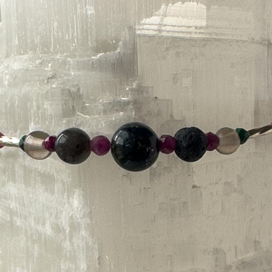 Sagittarius birthstone Healing Crystal bracelet for Grief & Loss support showing Azurite, Smoky Quartz, Sugilite, Malachite and Lava Stone