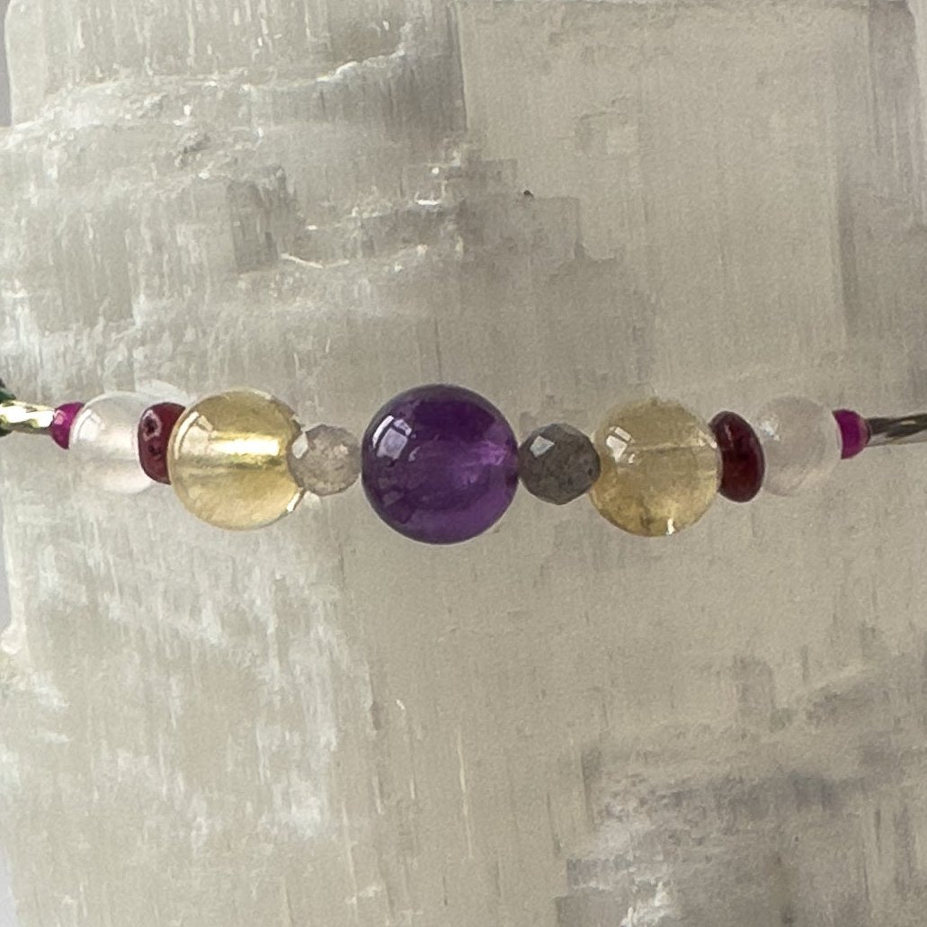Sagittarius Birthstone Healing Crystal bracelet for Grief & Loss support showing Citrine, Amethyst, Labradorite, Ruby, Sugilite and Selenite
