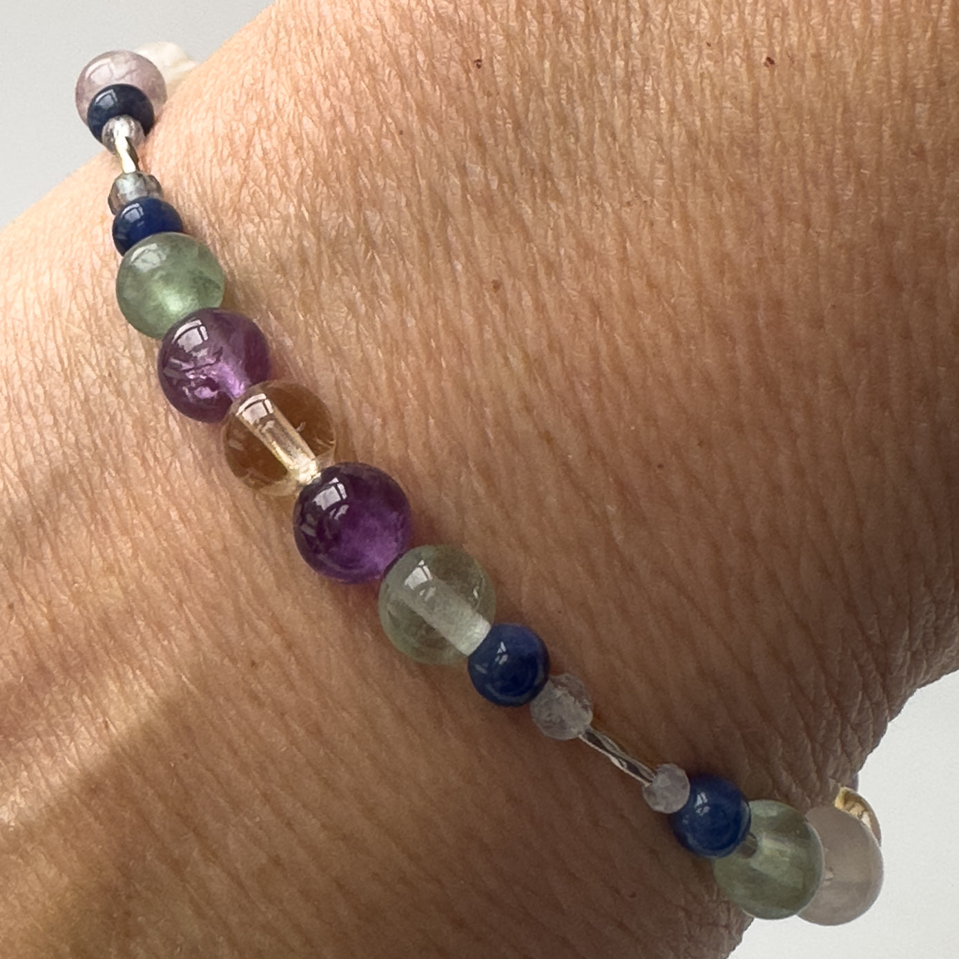 Sagittarius Healing Crystal bracelet for Willpower on wrist showing Amethyst, Rainbow Fluorite, Citrine and Sodalite