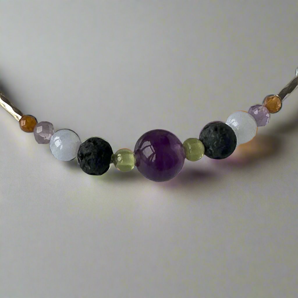 Scorpio Birthstone Healing Crystal bracelet for Calm & Stress showing Blue Lace Agate, Amethyst, Garnet and Lava Stone