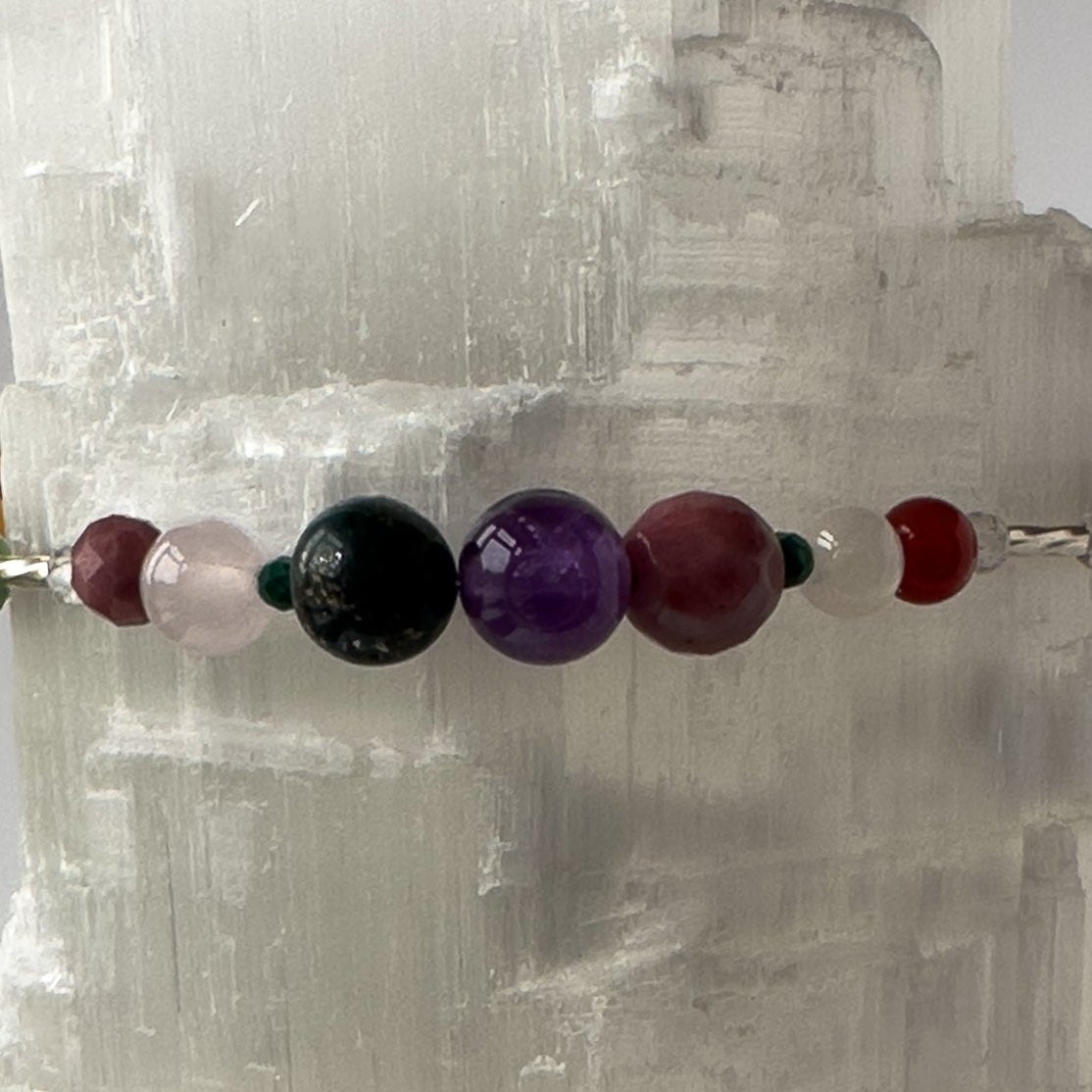 Taurus Birthstone Healing Crystal bracelet for Grief & Loss support showing Amethyst, Malachite, Rhodonite, Rose Quartz and Azurite