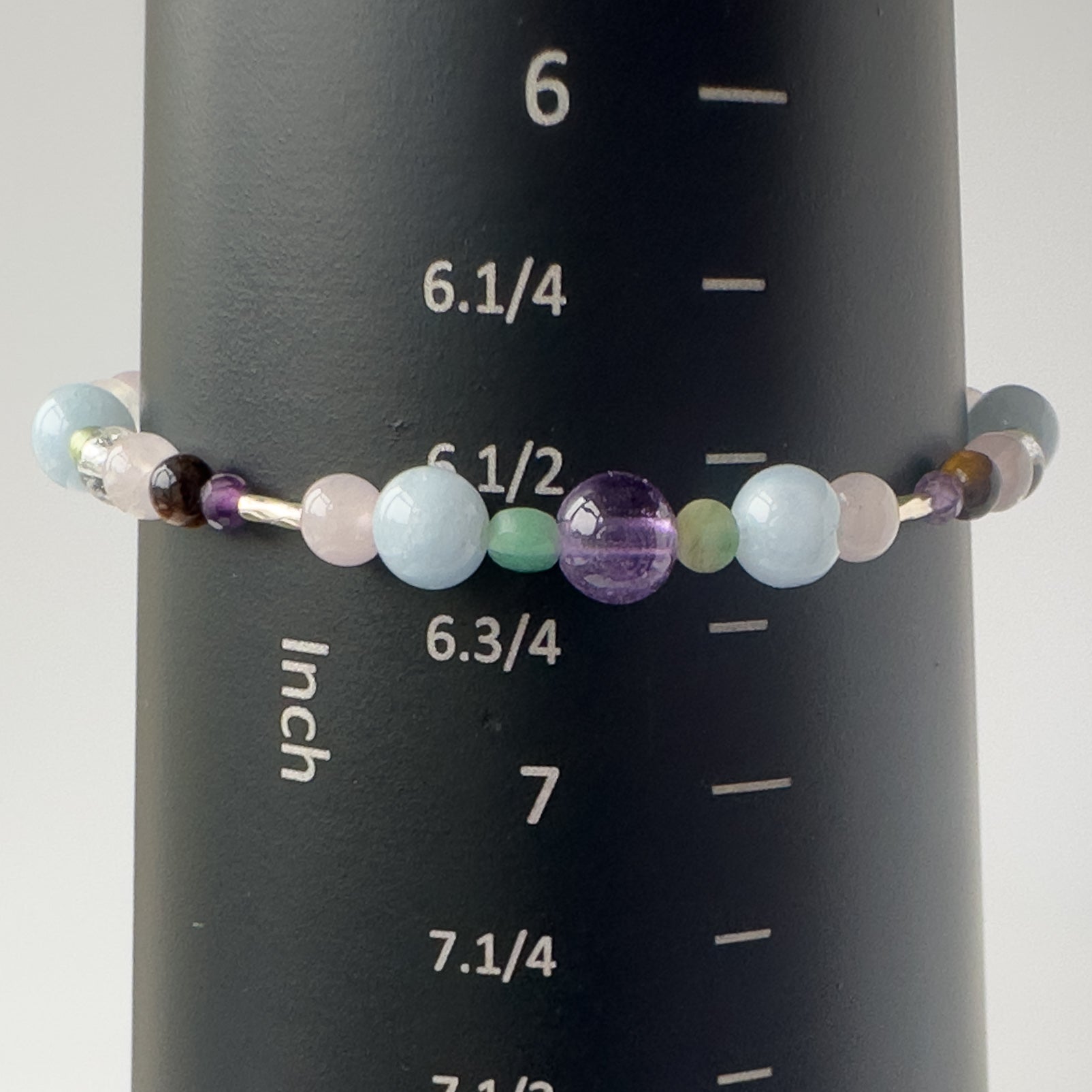 Taurus Birthstone Healing Crystal bracelet for Calm & Stress relief on mandrel showing size as approx 6.5 inches