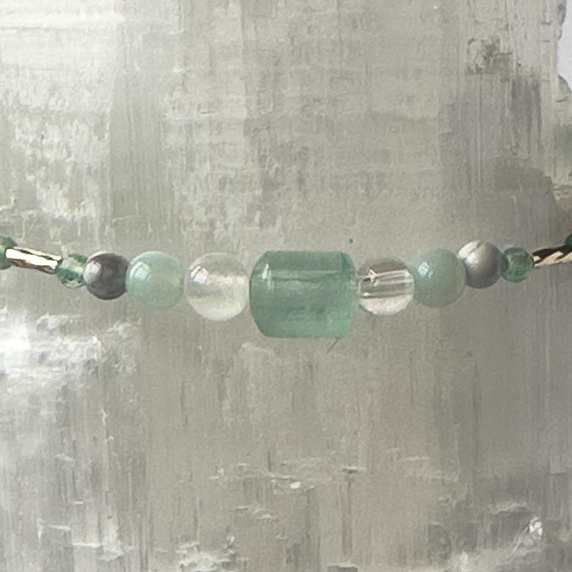 Virgo Birthstone Healing Crystal bracelet for Calm & Anxiety Relief showing Howlite, Green Aventurine, Amazonite, Fluorite, Selenite and Clear Quartz
