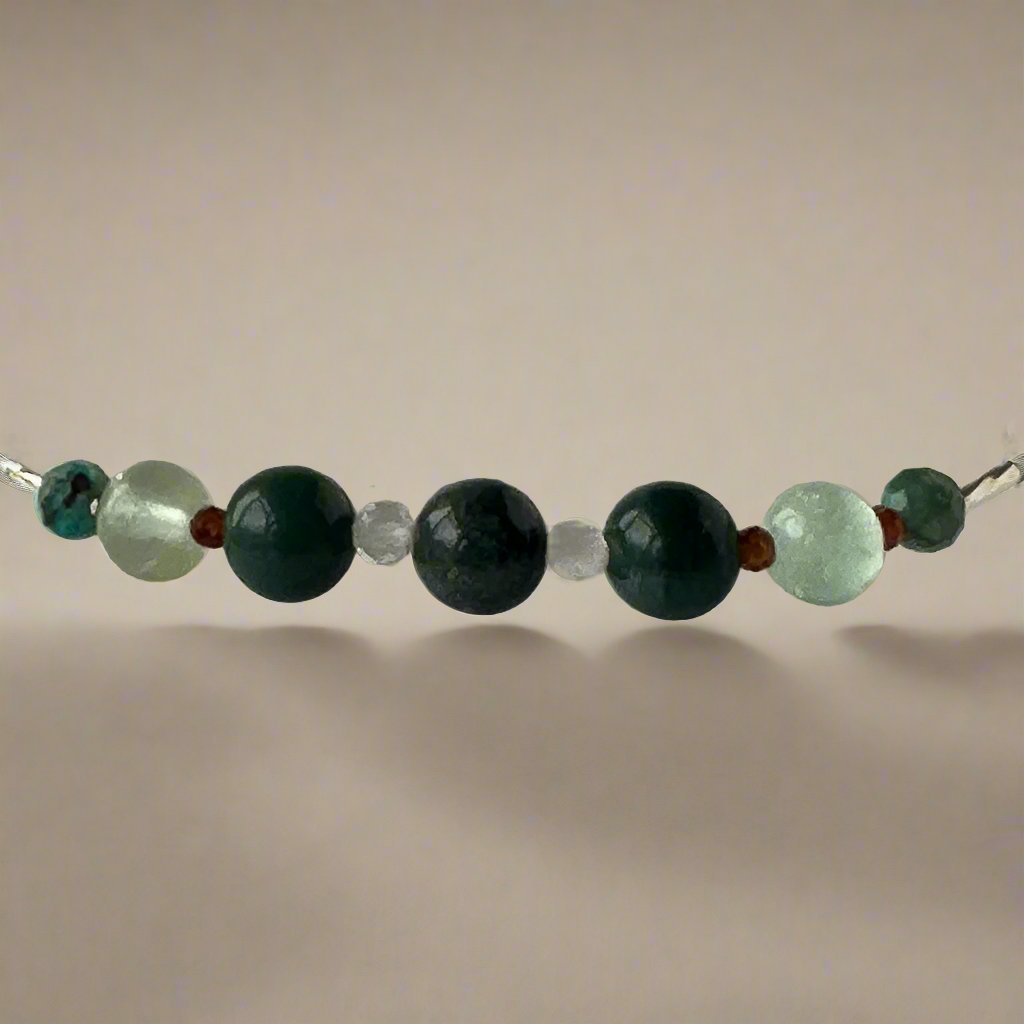 Virgo Birthstone Healing Crystal bracelet for Confidence and Self-esteem showing Moss Agate, Chrysocolla, Fluorite and Garnet