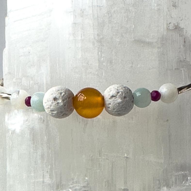 Virgo Birthstone Healing Crystal bracelet for Grief & Loss support showing Carnelian, Amazonite, Sugilite, Moonstone and Lava Stone