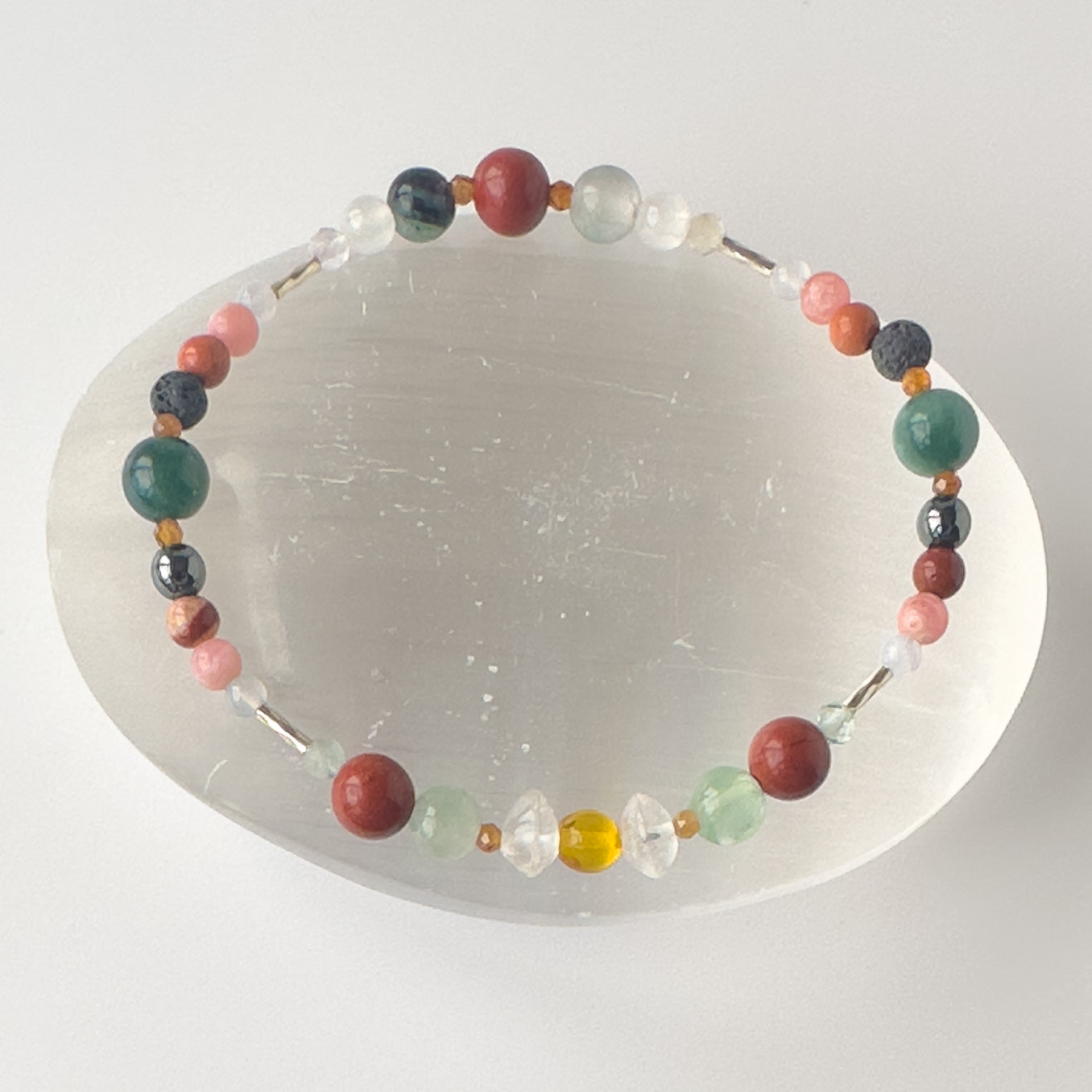 Healing cystal bracelet of Garnet, Jasper, Fluorite, Blue Lace Agate, Rhodochrosite, Hematite and Amber