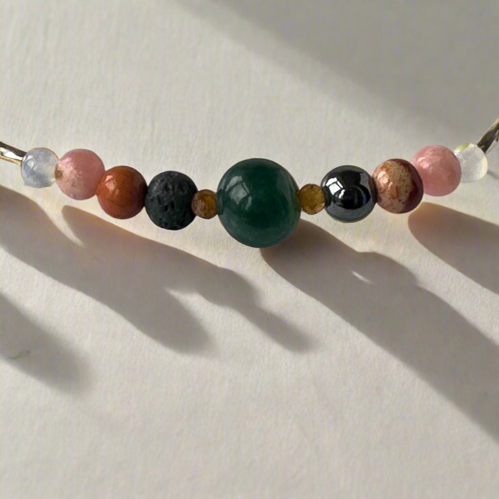 Aquarius birthstone Healing Crystal bracelet for Confidence and Self-esteem showing Garnet, Jasper, Rhodochrosite and Hematite 