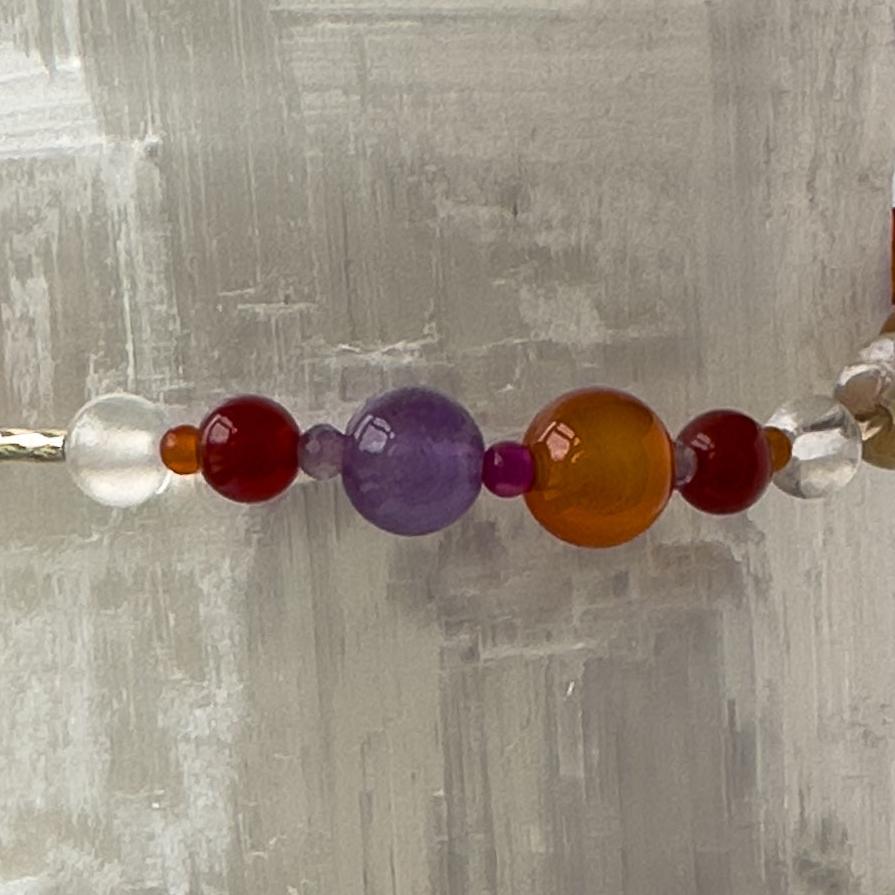 Aries Birthstone Healing Crystal bracelet for Grief & Loss support showing Amethyst, Ruby, Carnelian, Selenite and Clear Quartz