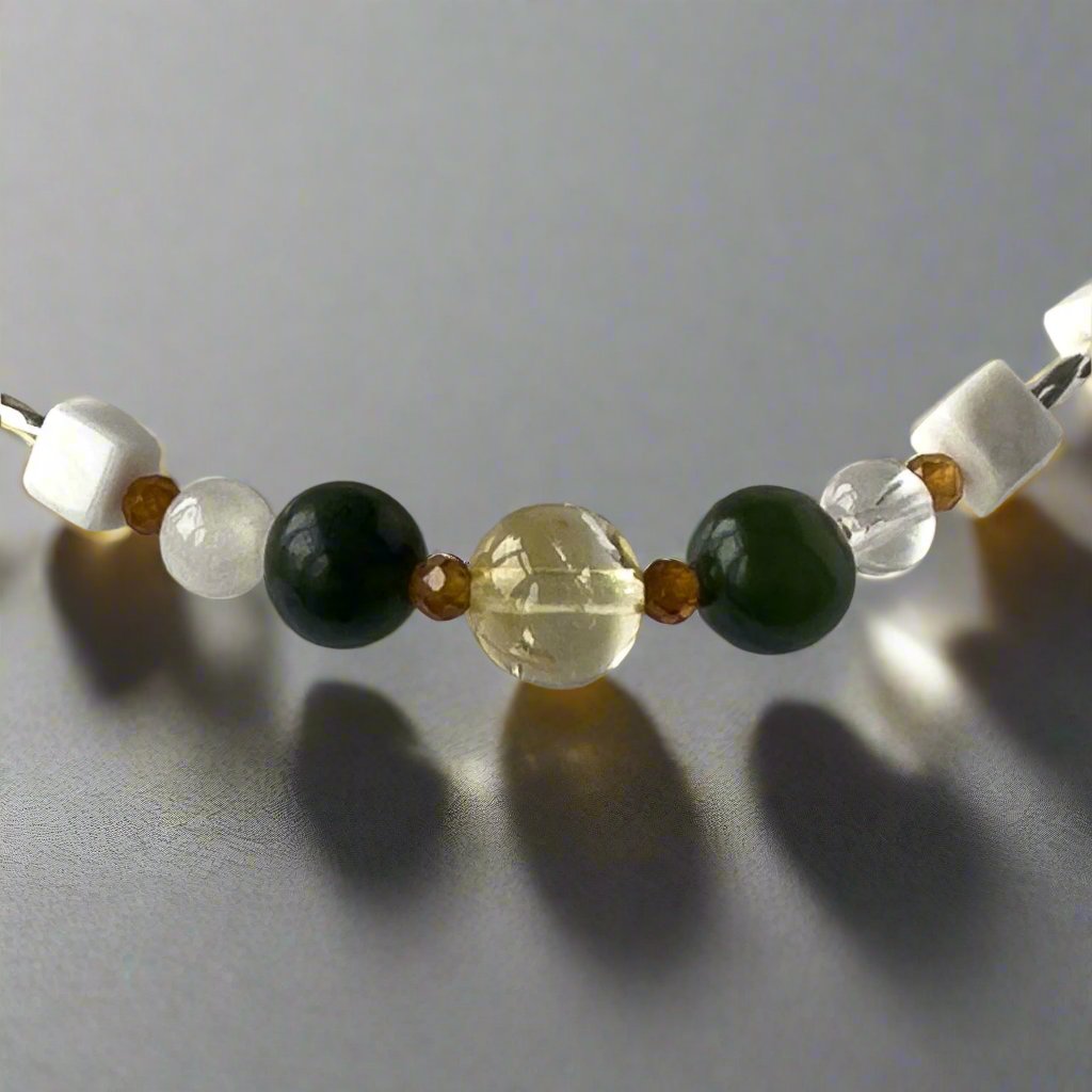 Aries Birthstone Healing Crystal bracelet for Love and Compassion showing Citrine, Garnet, Howlite, Jade, Selenite and Clear Quartz