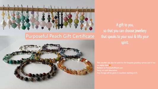 Jewelry set with a purposeful peach gift certificate on a white background