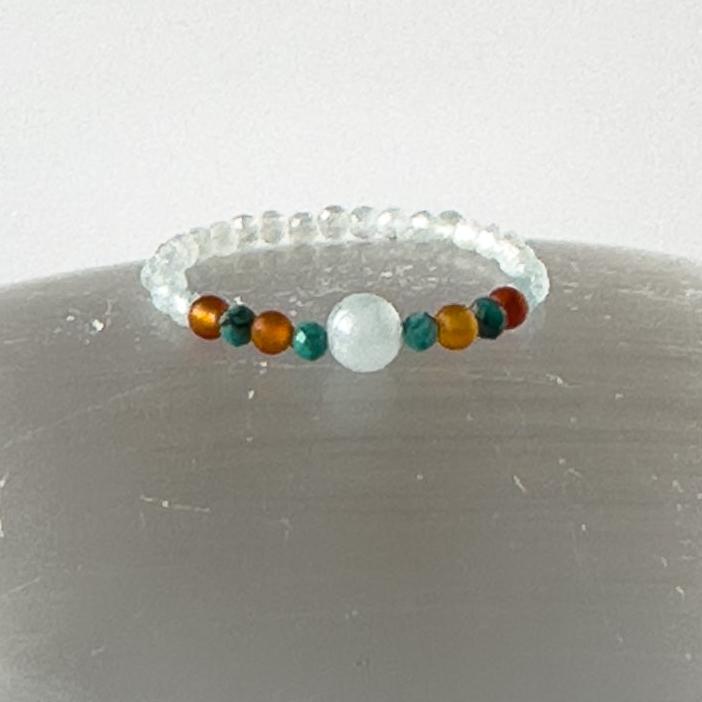 Cancer Birthstone Healing Crystal ring for Strength and Courage with Aquamarine, Turquoise and Carnelian