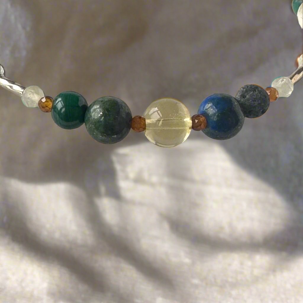 Sagittarius Healing Crystal bracelet for Love showing Citrine, Azurite, Garnet, malachite, Lava Stone