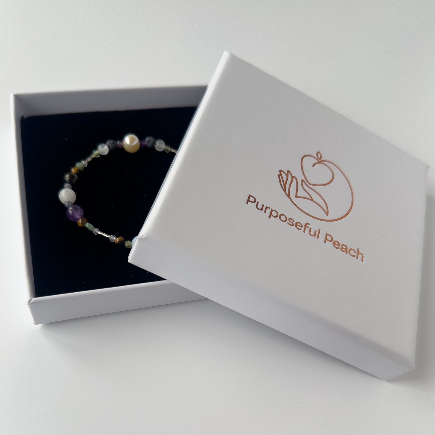 Gemini Healing Crystal bracelet for Stress in branded Purposeful Peach box