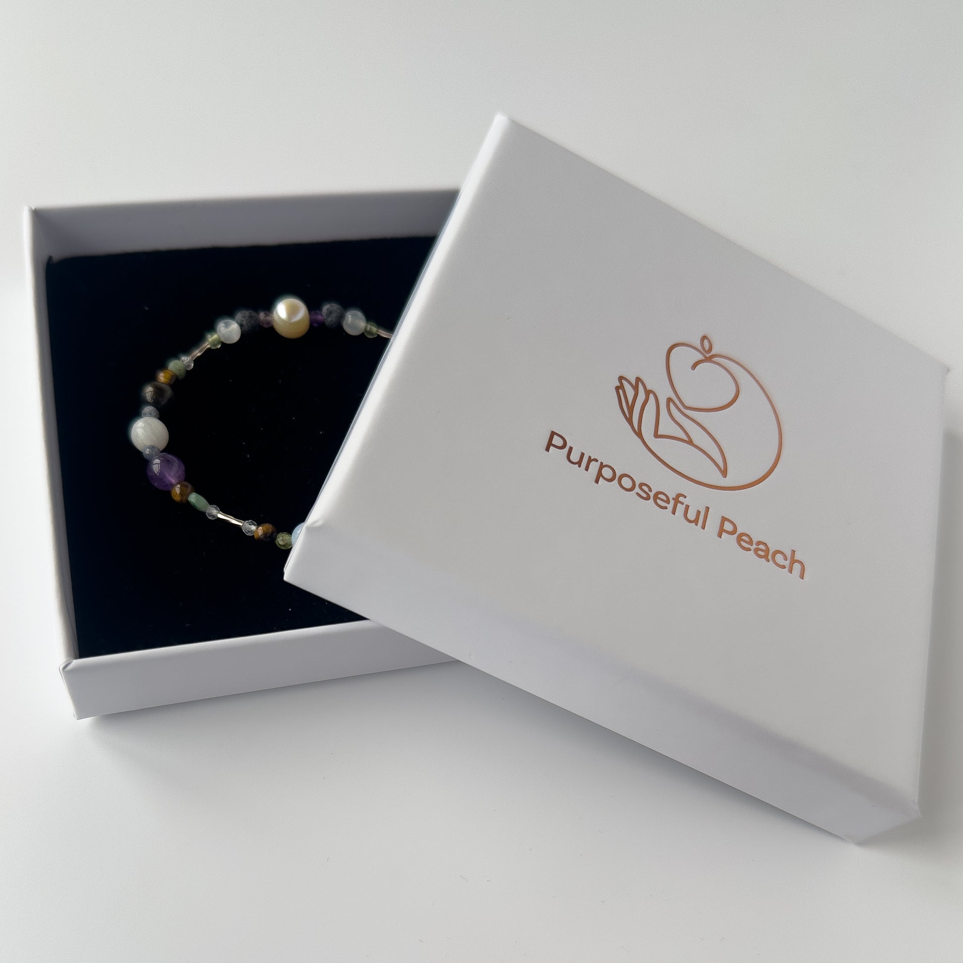 Gemini Healing Crystal bracelet for Stress in branded Purposeful Peach box