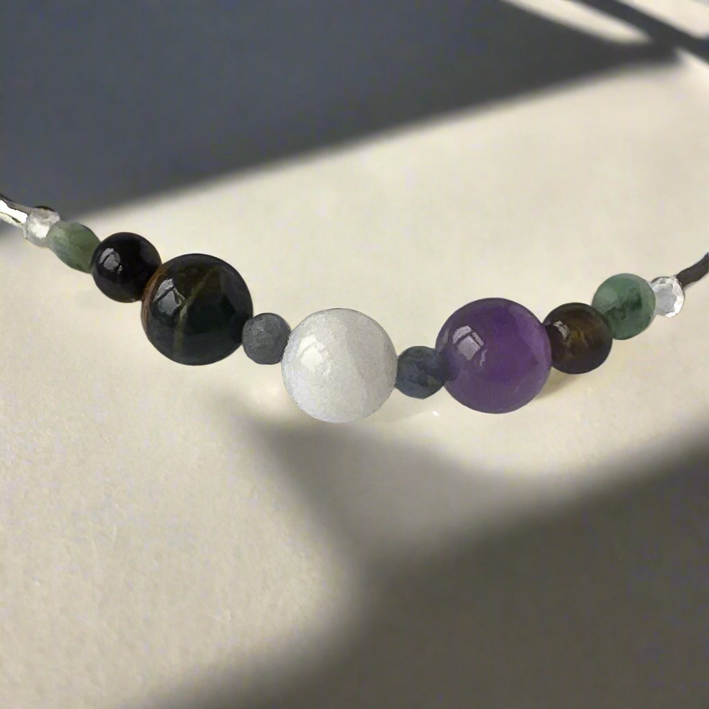 Gemini Birthstone Healing Crystal bracelet for Calm & Stress relief showing Emerald, Moonstone, Blue Tiger’s Eye, Yellow Tiger’s Eye, Chrysocolla, Amethyst and Sapphire