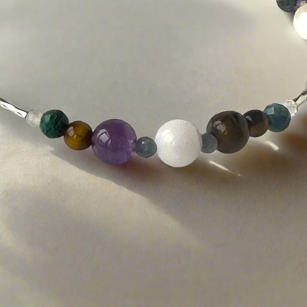 Gemini Birthstone Healing Crystal bracelet for Calm & Stress relief showing Moonstone, Blue Tiger’s Eye, Yellow Tiger’s Eye, Chrysocolla, Amethyst, Sapphire and Clear Quartz
