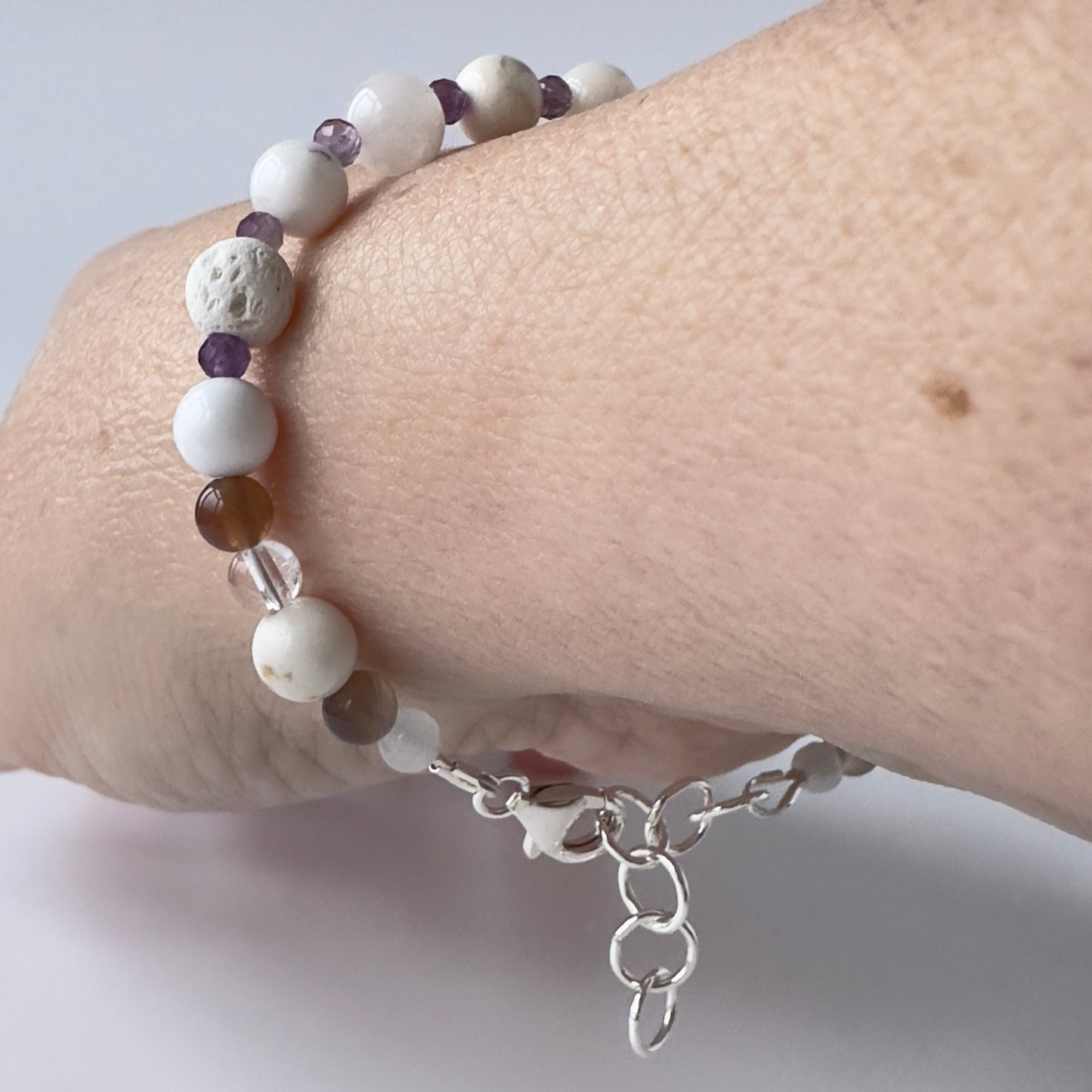 Healing Crystal & Sterling Silver Crown Chakra bracelet with aromatherapy beads
